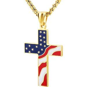 Gold American Flag Patriotic Cross Religious Jewelry Pendant Necklace